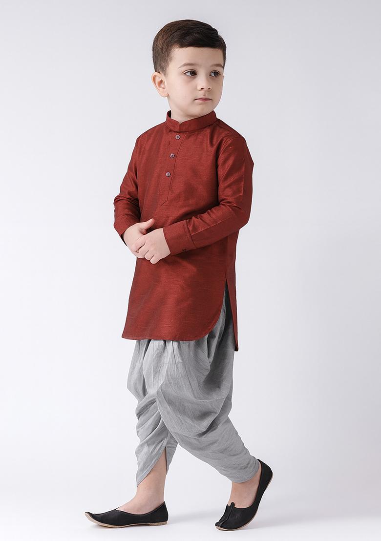 Maroon Plain Silk Kurta With Bottom For Boys - Indya