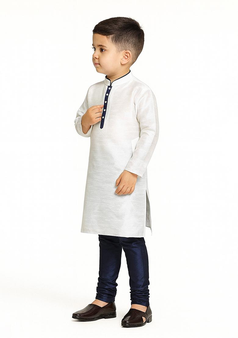 White Plain Silk Kurta With Bottom For Boys - Indya