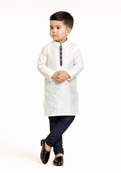 White Plain Silk Kurta With Bottom For Boys