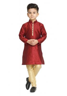 Maroon Plain Silk Kurta With Bottom For Boys