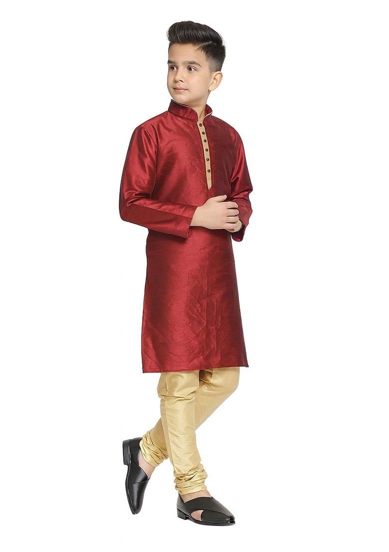 Maroon Plain Silk Kurta With Bottom For Boys - Indya