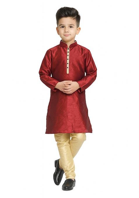 Maroon Plain Silk Kurta With Bottom For Boys