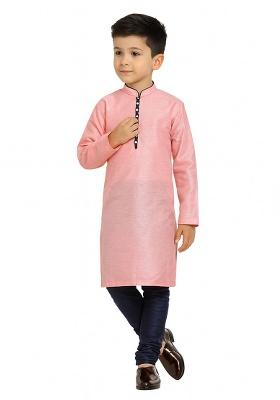 Pink Plain Silk Kurta With Bottom For Boys