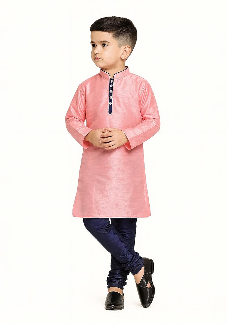 Pink Plain Silk Kurta With Bottom For Boys - Indya