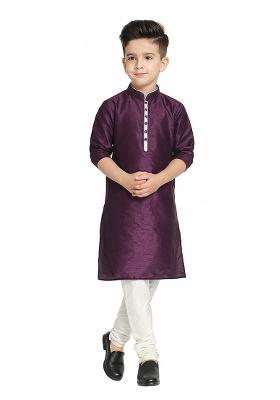 Purple Plain Silk Kurta With Bottom For Boys