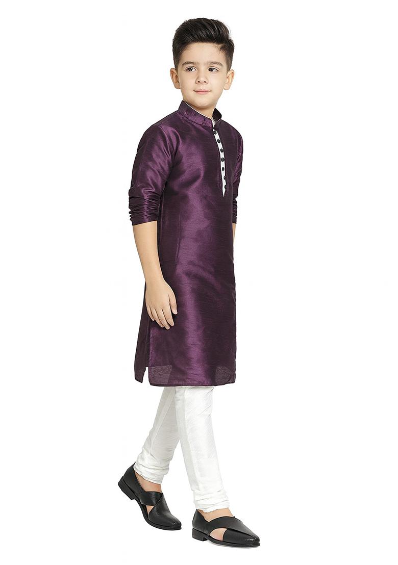 Purple Plain Silk Kurta With Bottom For Boys - Indya