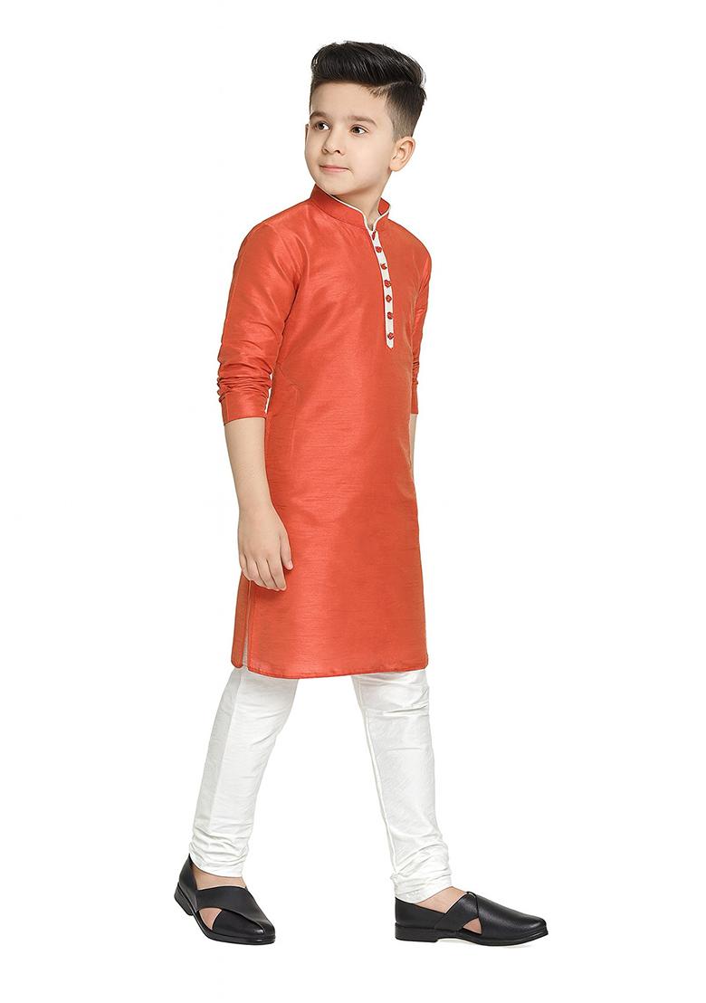 Rust Orange Plain Silk Kurta With Bottom For Boys - Indya