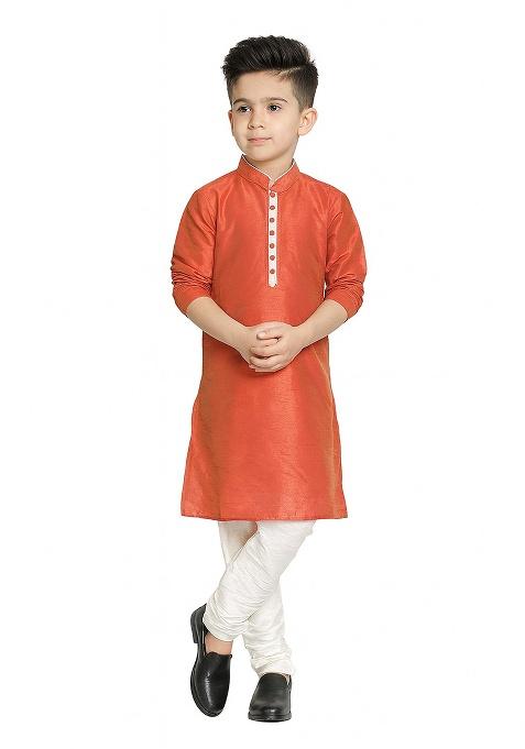Rust Orange Plain Silk Kurta With Bottom For Boys