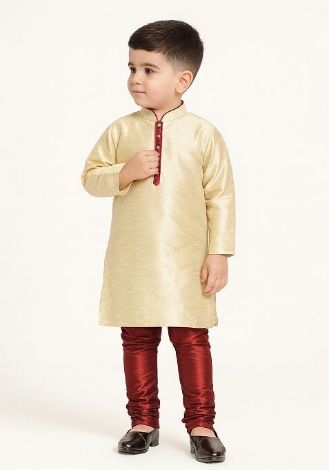 Fawn Plain Silk Kurta With Bottom For Boys
