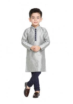 Grey Plain Silk Kurta With Bottom For Boys