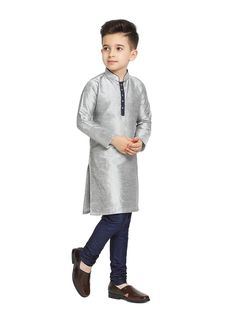 Grey Plain Silk Kurta With Bottom For Boys - Indya