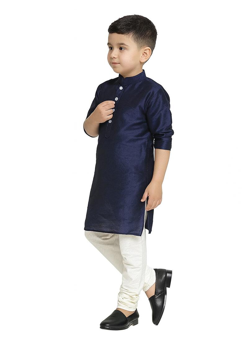 Navy Blue Plain Silk Kurta With Bottom For Boys - Indya