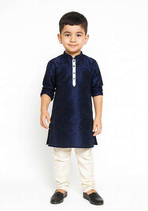Navy Blue Plain Silk Kurta With Bottom For Boys