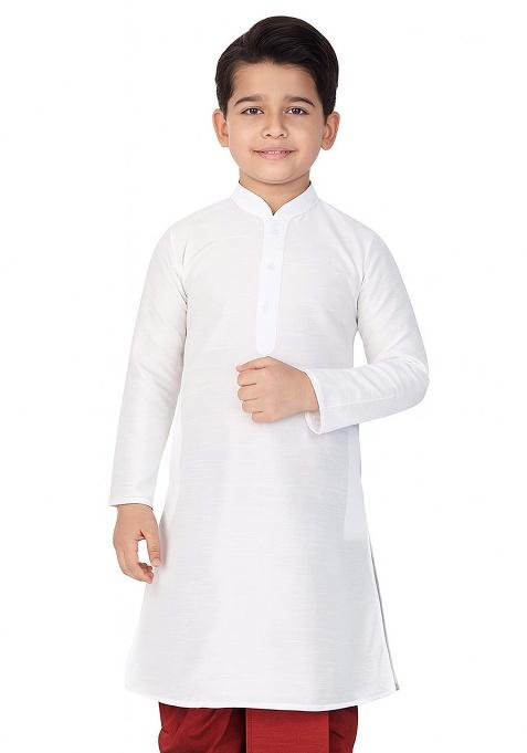 White Plain Silk Kurta For Boys