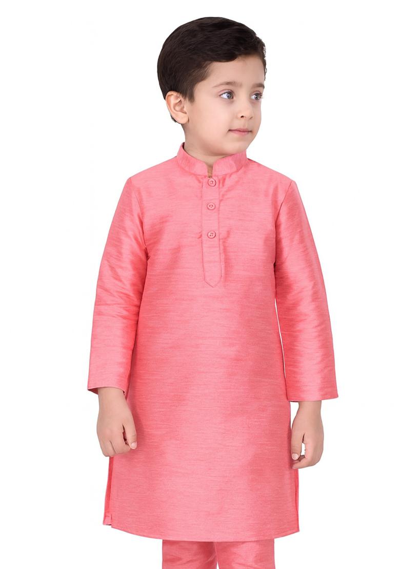 Pink Plain Silk Kurta For Boys - Indya