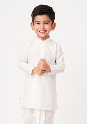 White Plain Silk Kurta For Boys