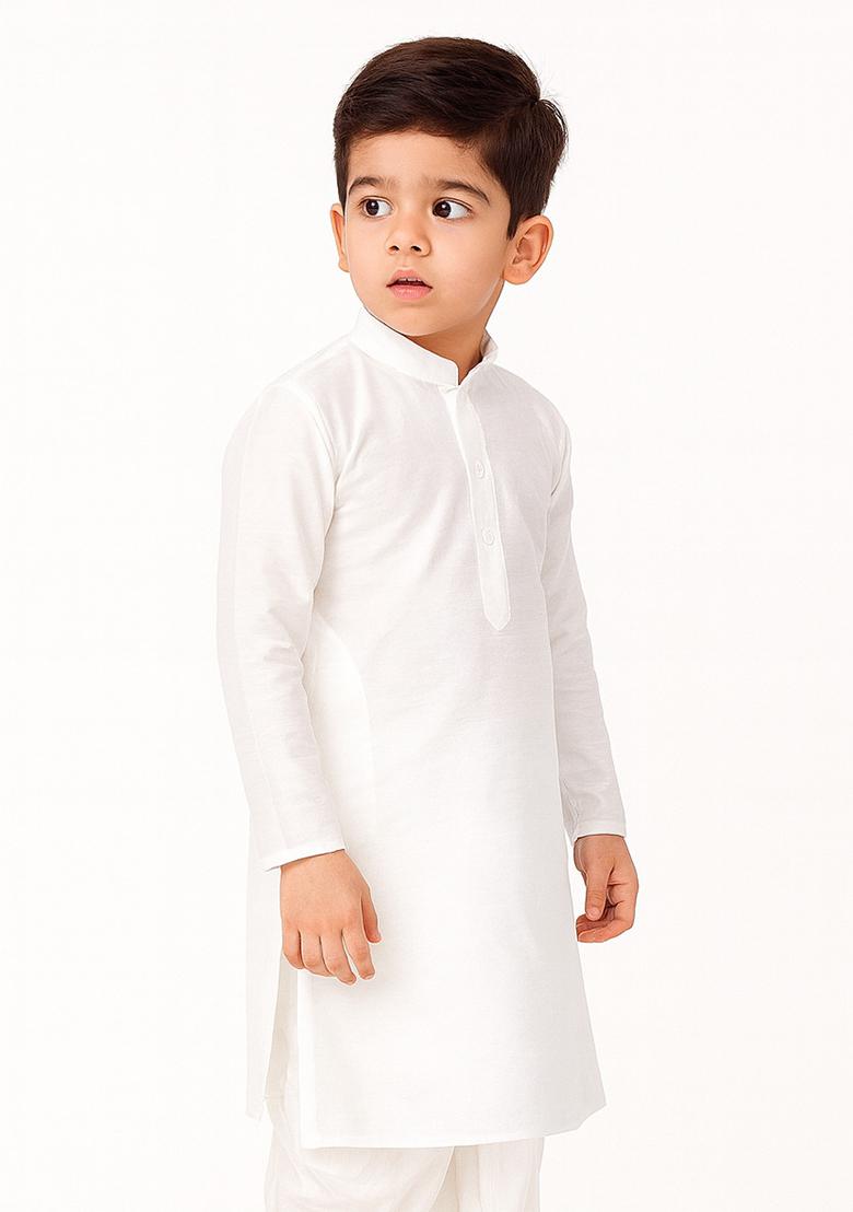 White Plain Silk Kurta For Boys - Indya