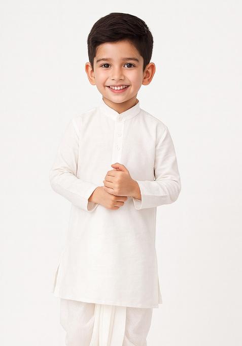 White Plain Silk Kurta For Boys