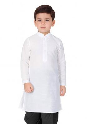 White Plain Silk Kurta For Boys
