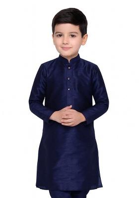 Navy Blue Plain Silk Kurta For Boys