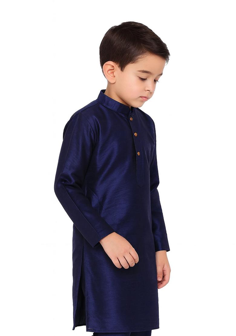 Navy Blue Plain Silk Kurta For Boys - Indya