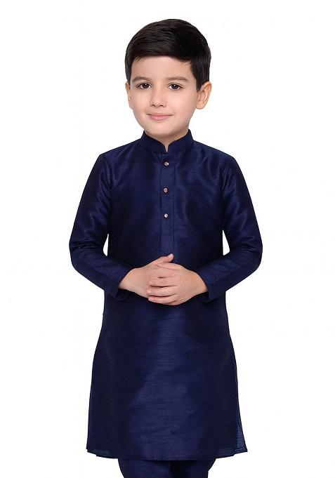 Navy Blue Plain Silk Kurta For Boys