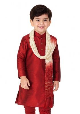 Maroon Plain Silk Kurta For Boys