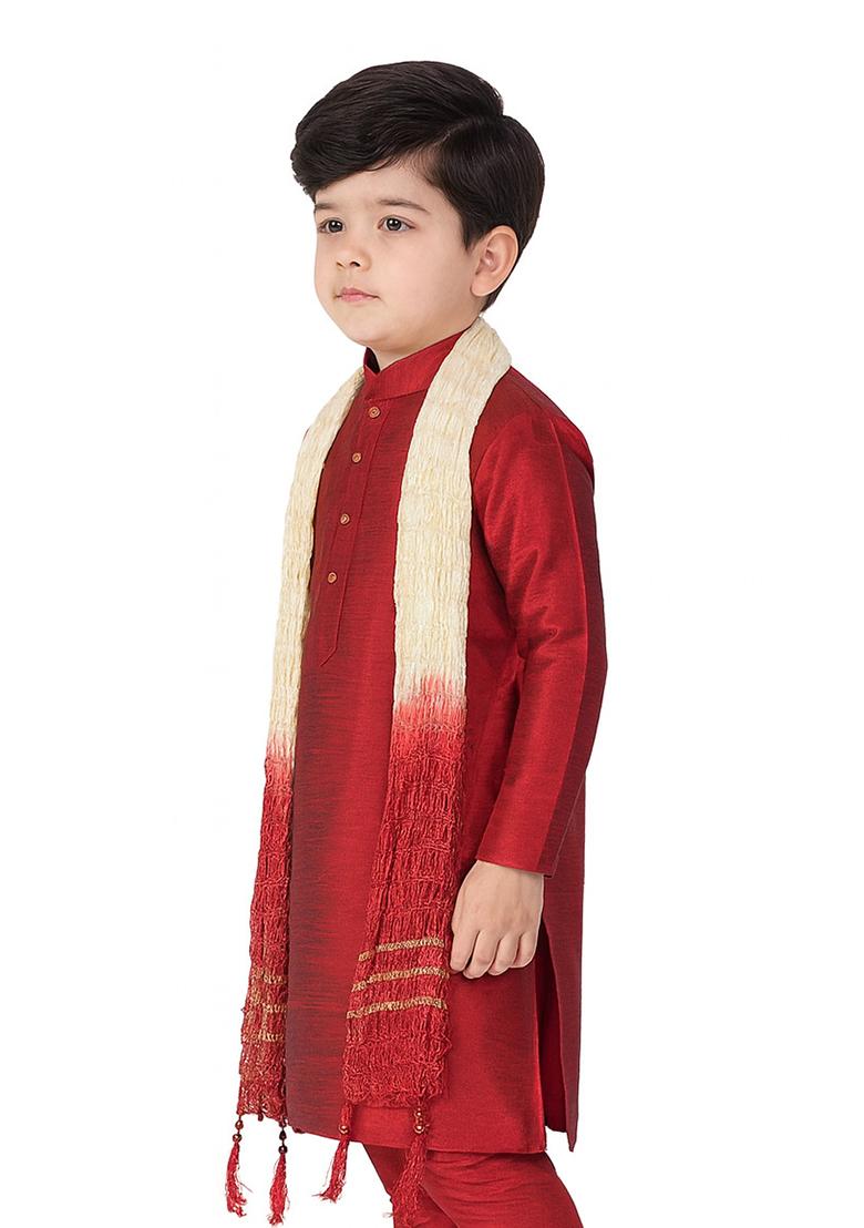 Maroon Plain Silk Kurta For Boys - Indya