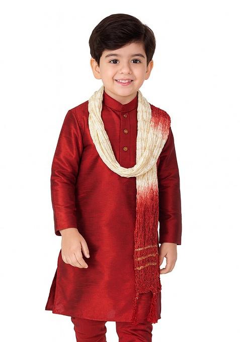 Maroon Plain Silk Kurta For Boys