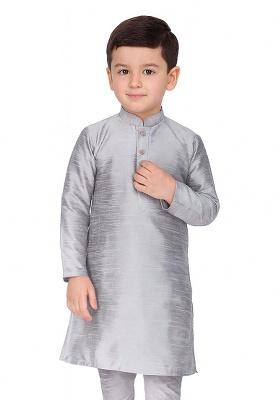 Grey Plain Silk Kurta For Boys