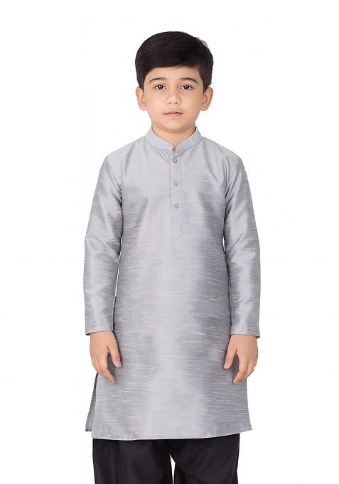 Grey Plain Silk Kurta For Boys
