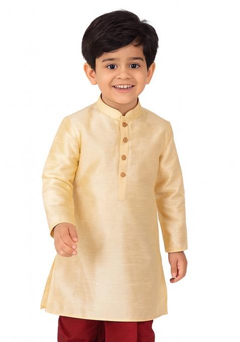 Fawn Plain Silk Kurta For Boys