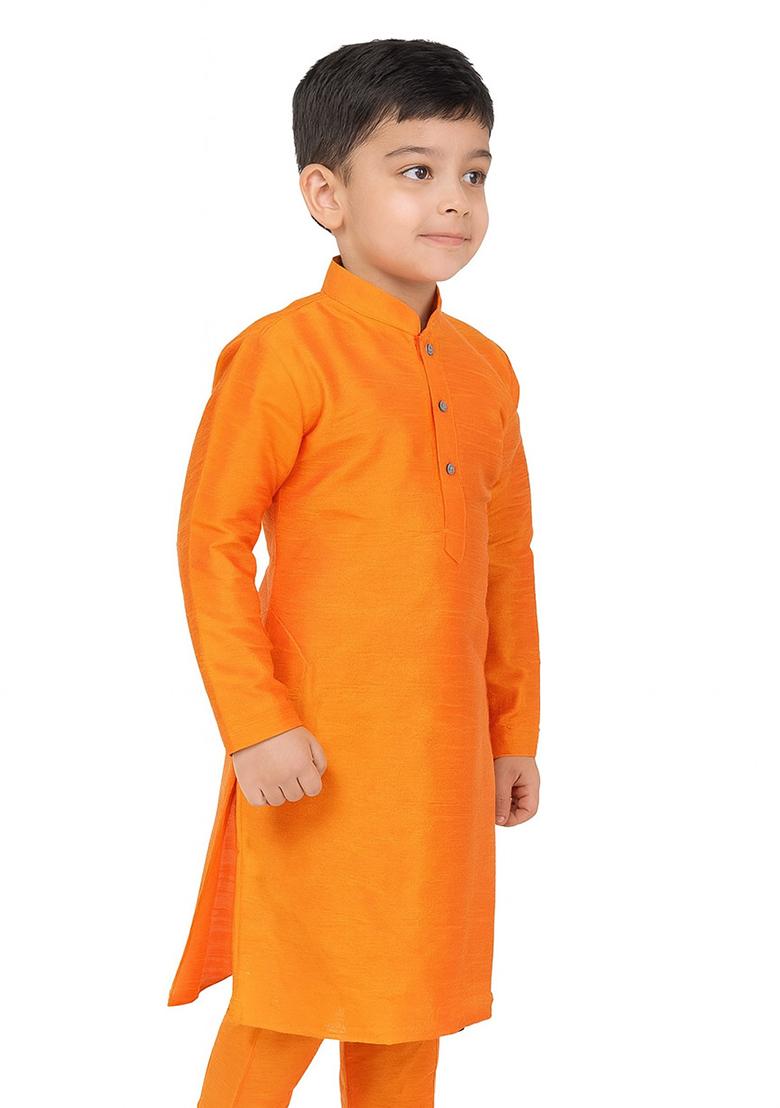 Orange Plain Silk Kurta For Boys - Indya