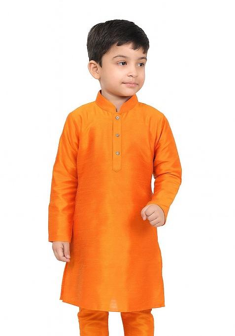 Orange Plain Silk Kurta For Boys