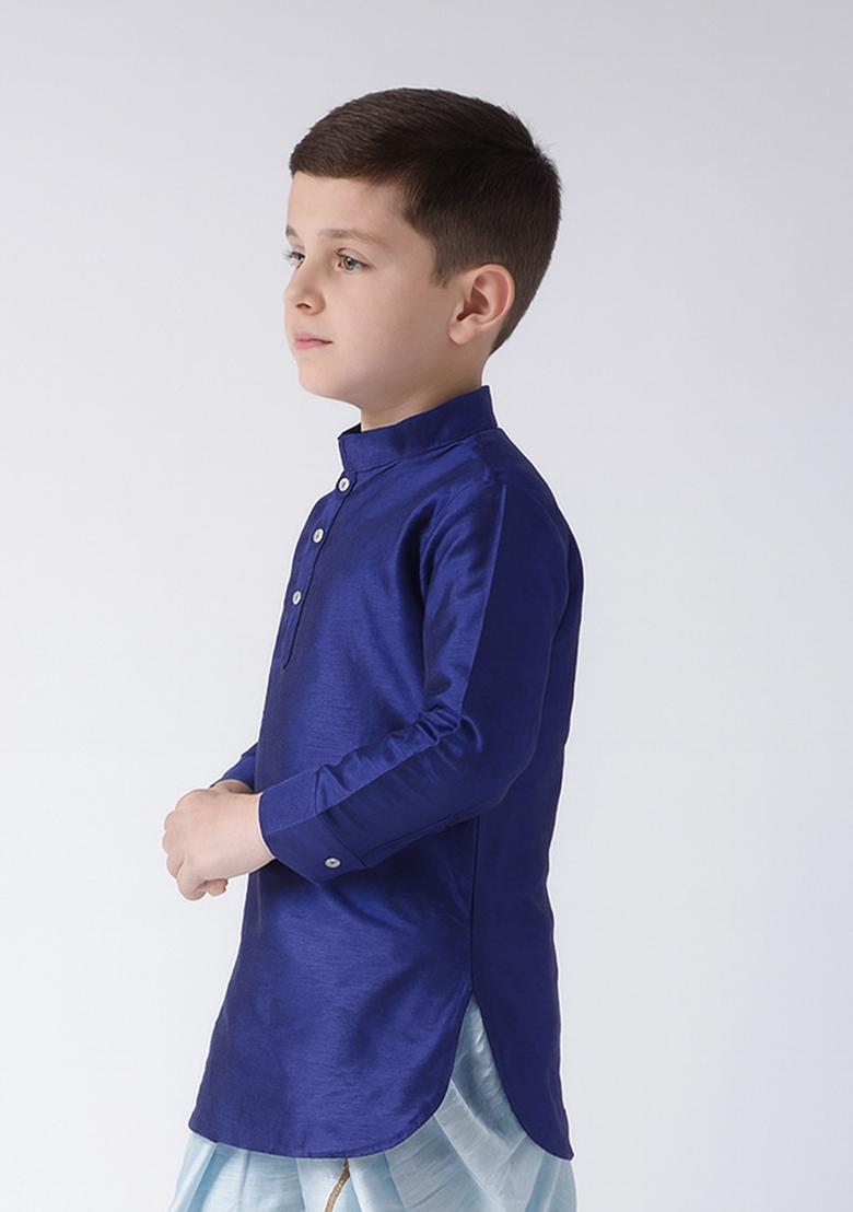 Royal Blue Plain Silk Kurta For Boys - Indya