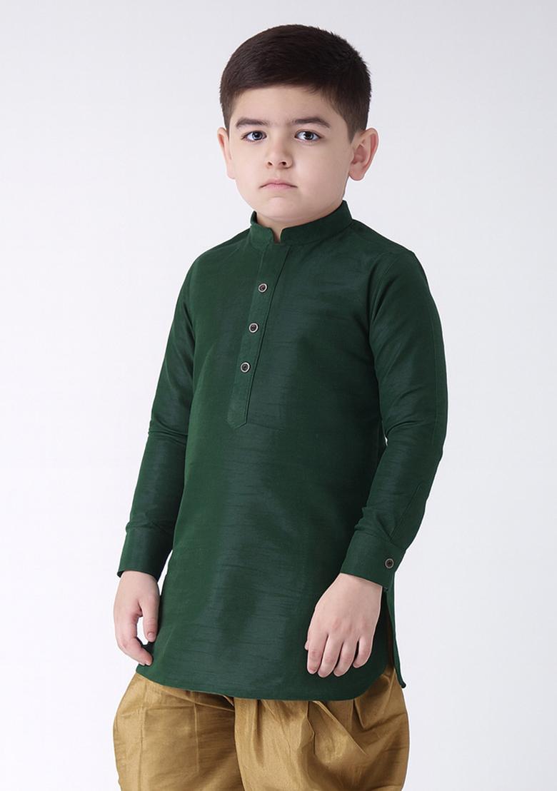 Bottle Green Plain Silk Kurta For Boys - Indya