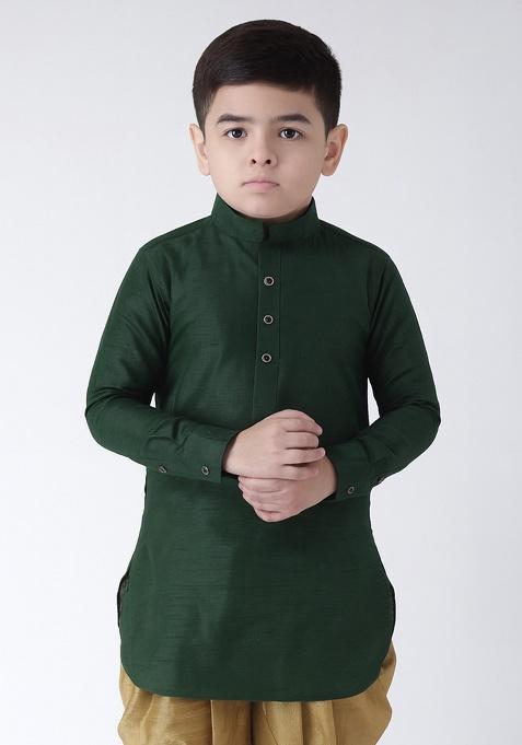 Bottle Green Plain Silk Kurta For Boys