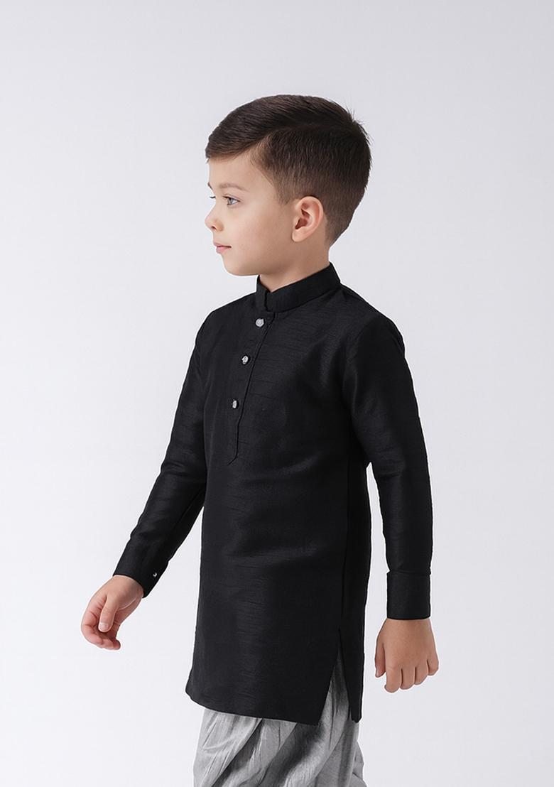 Black Plain Silk Kurta For Boys - Indya