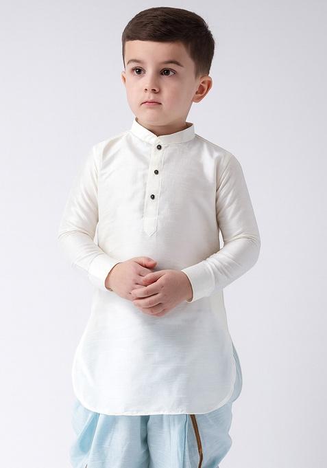 White Plain Silk Kurta For Boys