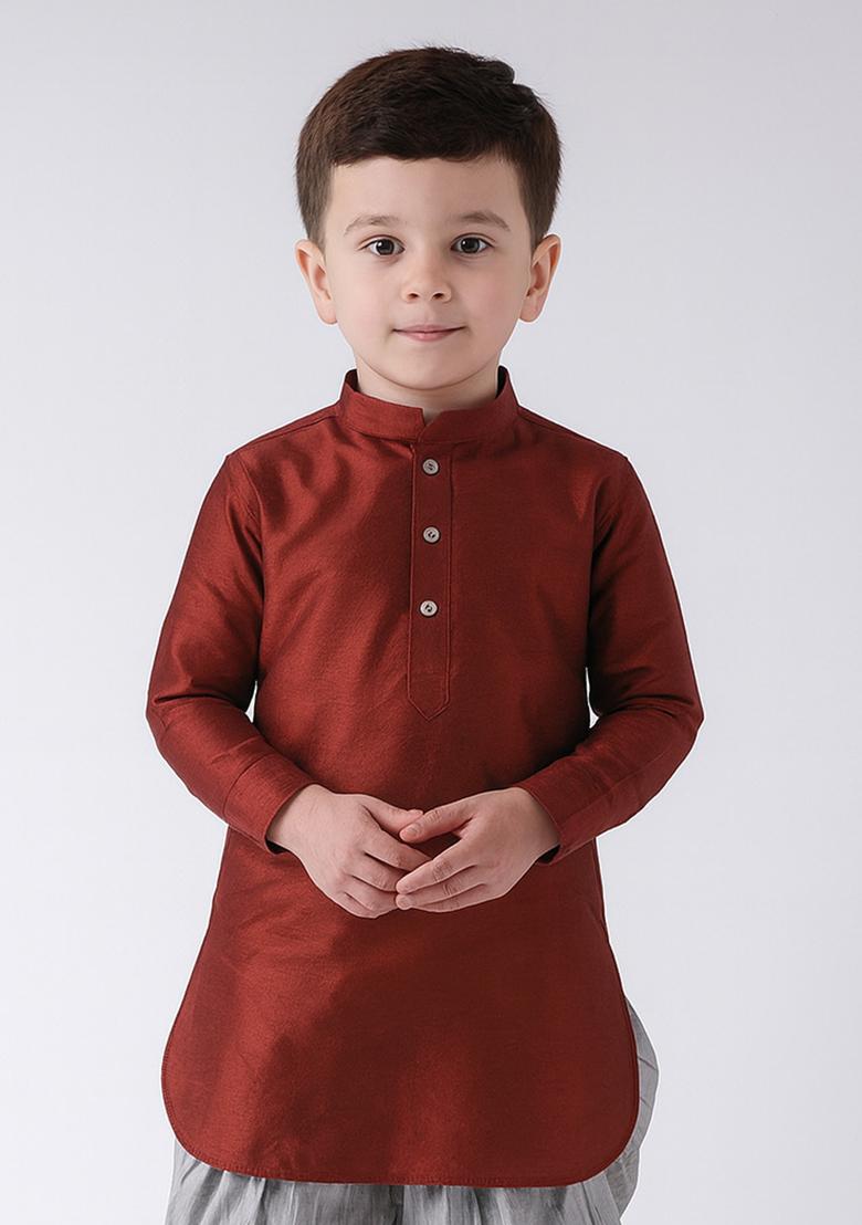 Maroon Plain Silk Kurta For Boys - Indya