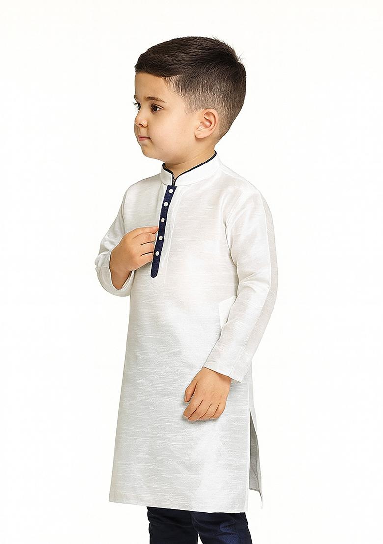 White Plain Silk Kurta For Boys - Indya