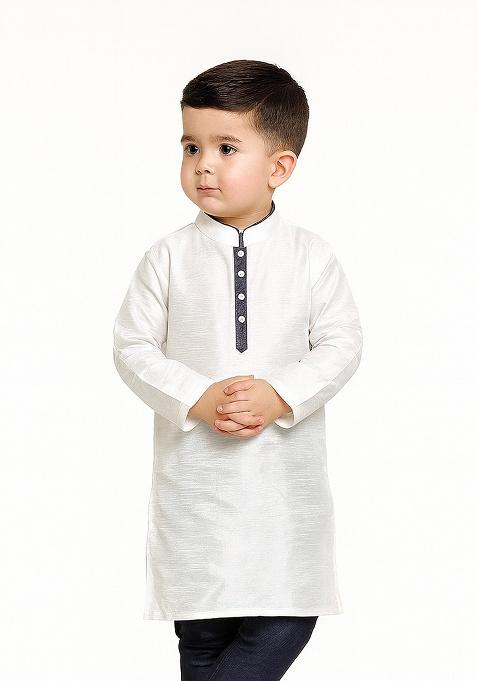 White Plain Silk Kurta For Boys