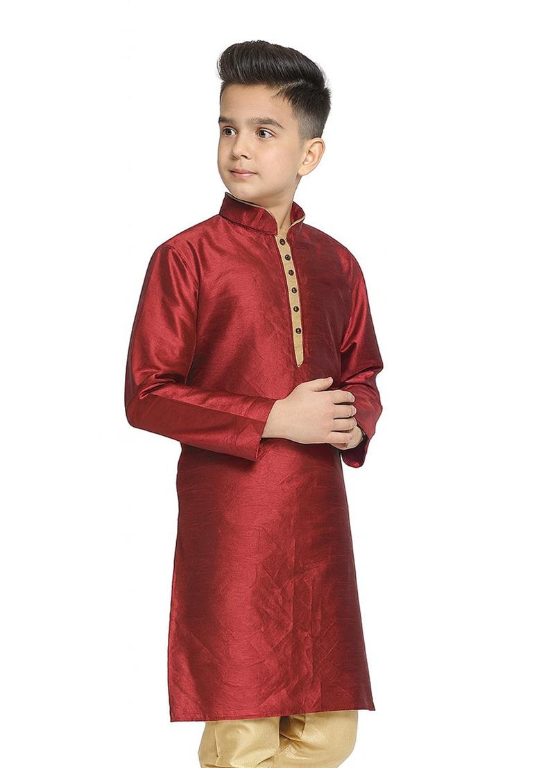 Maroon Plain Silk Kurta For Boys - Indya