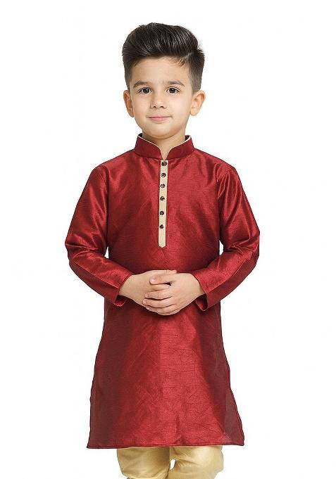 Maroon Plain Silk Kurta For Boys