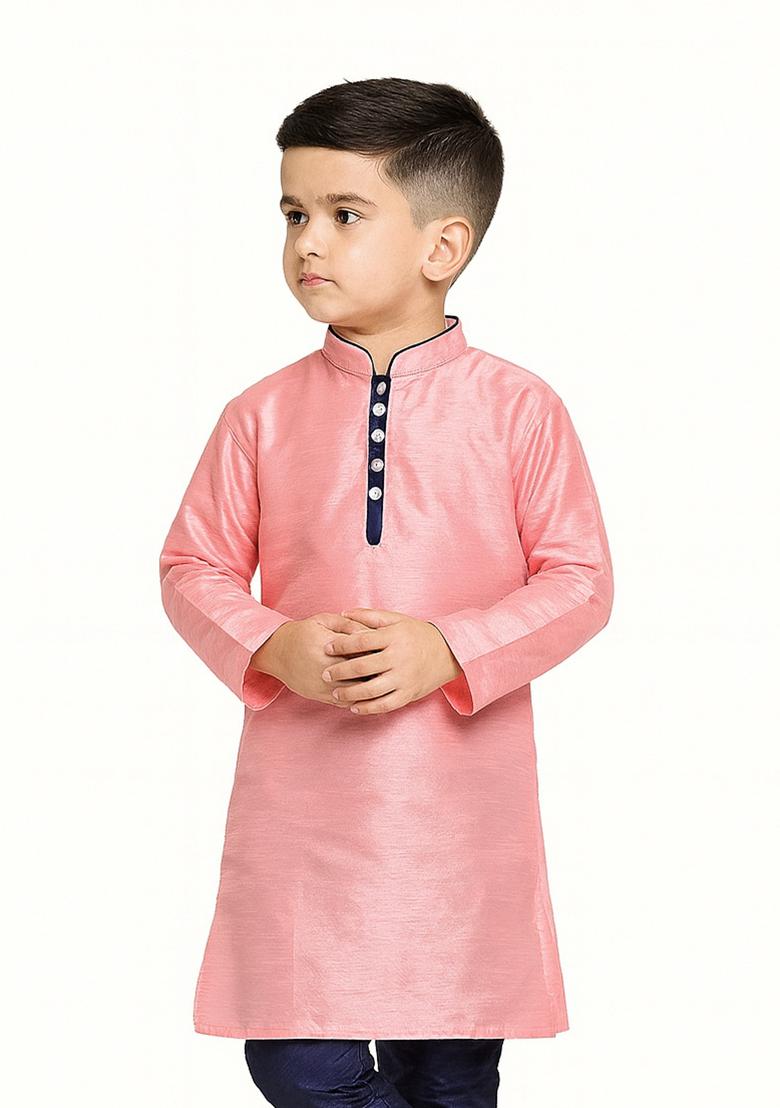 Pink Plain Silk Kurta For Boys - Indya