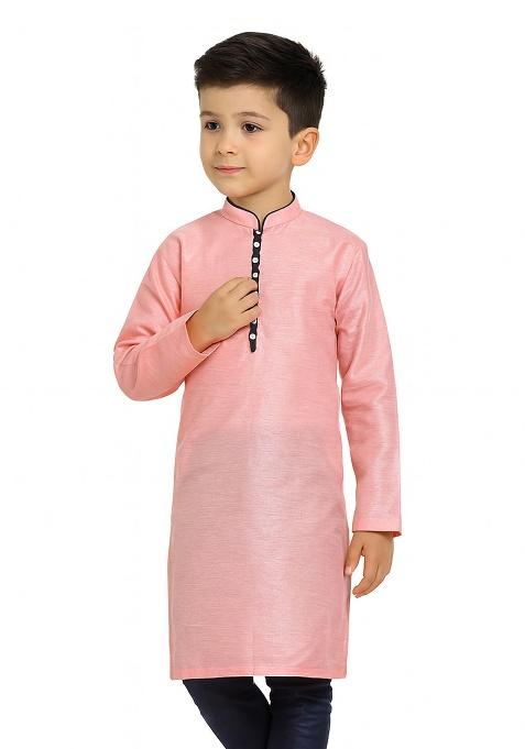 Pink Plain Silk Kurta For Boys