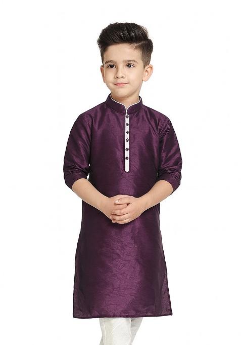 Purple Plain Silk Kurta For Boys