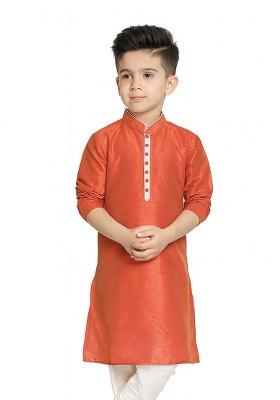 Rust Orange Plain Silk Kurta For Boys