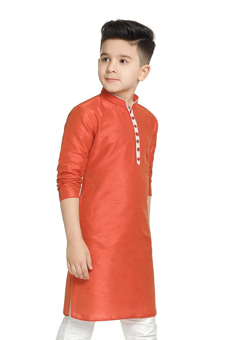 Rust Orange Plain Silk Kurta For Boys - Indya