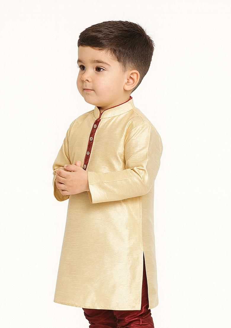 Fawn Plain Silk Kurta For Boys - Indya